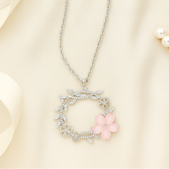 925 Sterling Silver Floral Wreath Pendant Necklace with Pink Blossom & CZ Accents