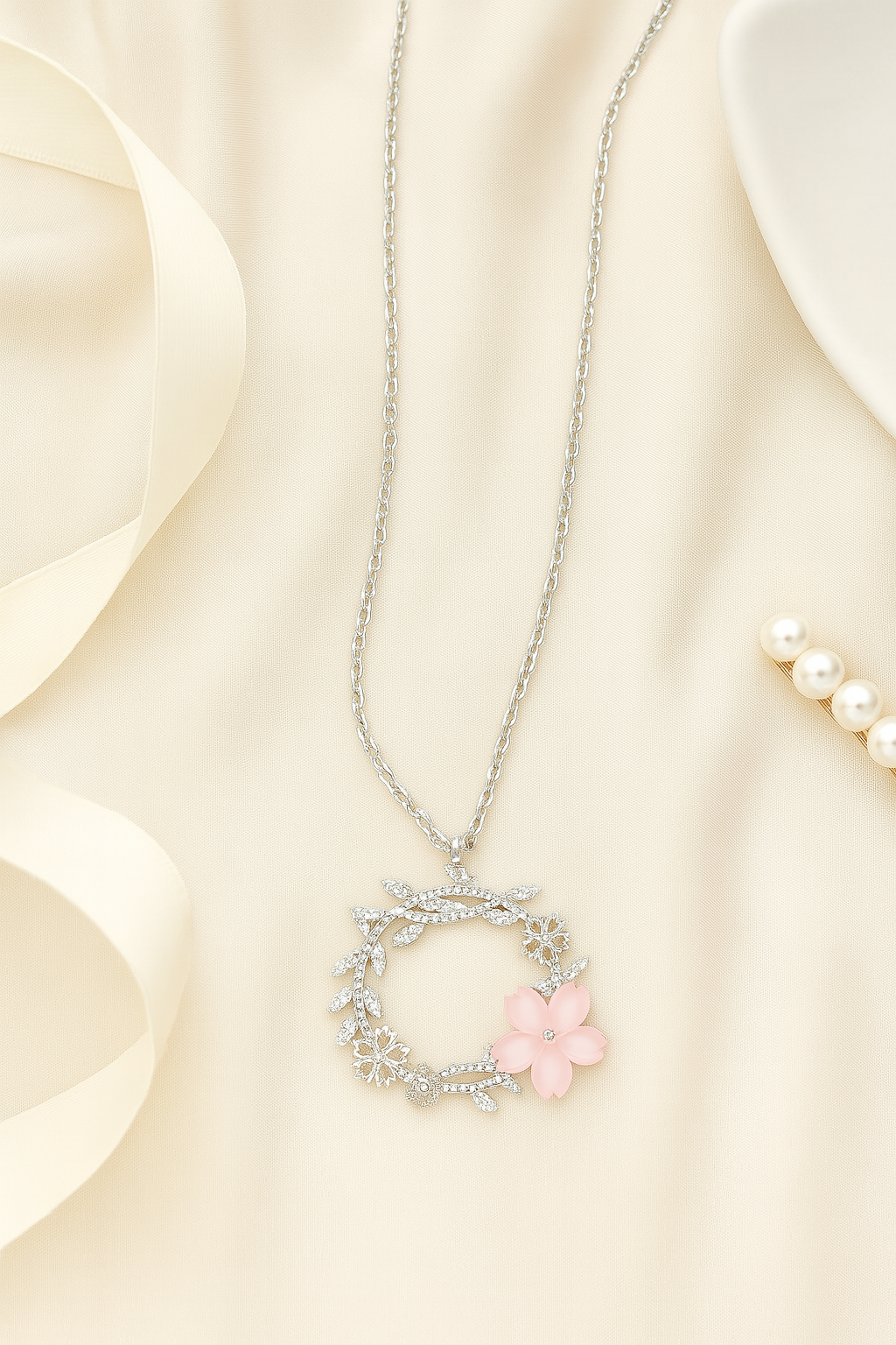 925 Sterling Silver Floral Wreath Pendant Necklace with Pink Blossom & CZ Accents