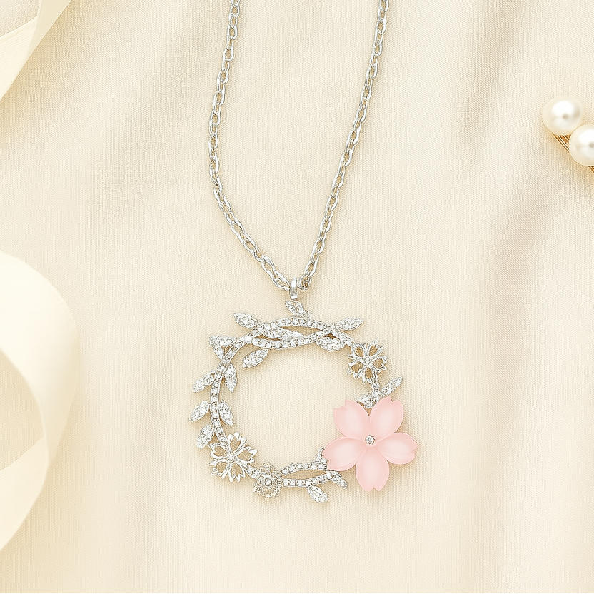925 Sterling Silver Floral Wreath Pendant Necklace with Pink Blossom & CZ Accents