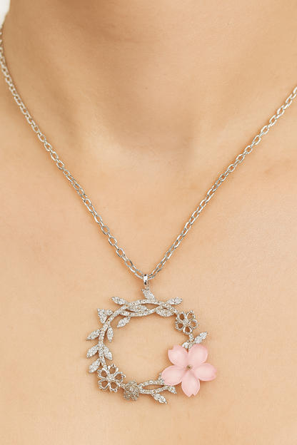 925 Sterling Silver Floral Wreath Pendant Necklace with Pink Blossom & CZ Accents