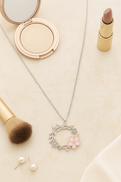 925 Sterling Silver Floral Wreath Pendant Necklace with Pink Blossom & CZ Accents