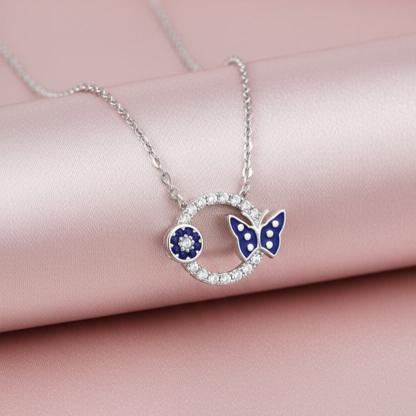 925 Sterling Silver Blue Enamel Butterfly & Floral Charm Necklace