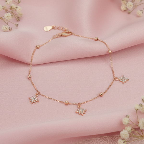 Rose Gold Plated 925 Silver Star Charm Bracelet with CZ & Bead Accents
