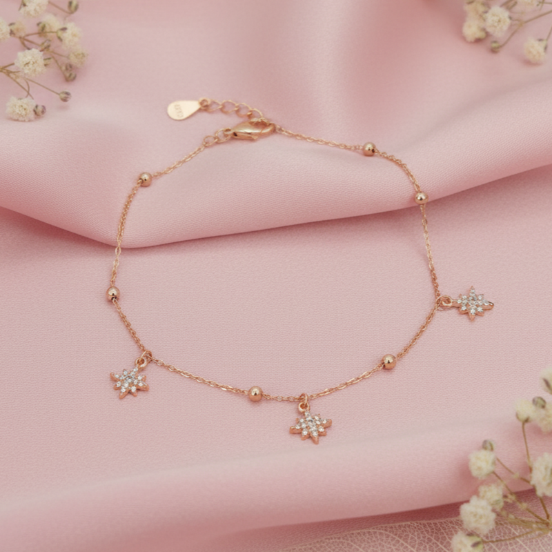 Rose Gold Plated 925 Silver Star Charm Bracelet with CZ & Bead Accents