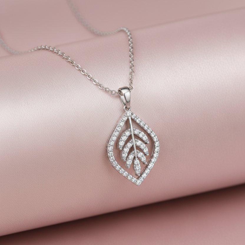 925 Sterling Silver Leaf Pendant Necklace with Sparkling CZ Accents