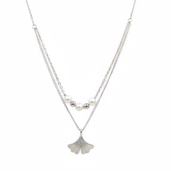 925 Sterling Silver Ginkgo Leaf Pendant Necklace with Dual Chain & Polished Beads