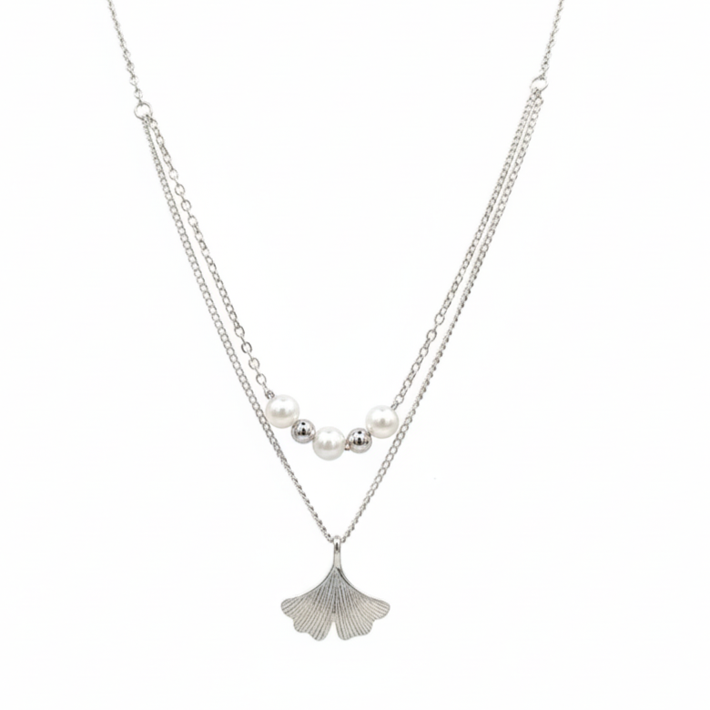 925 Sterling Silver Ginkgo Leaf Pendant Necklace with Dual Chain & Polished Beads