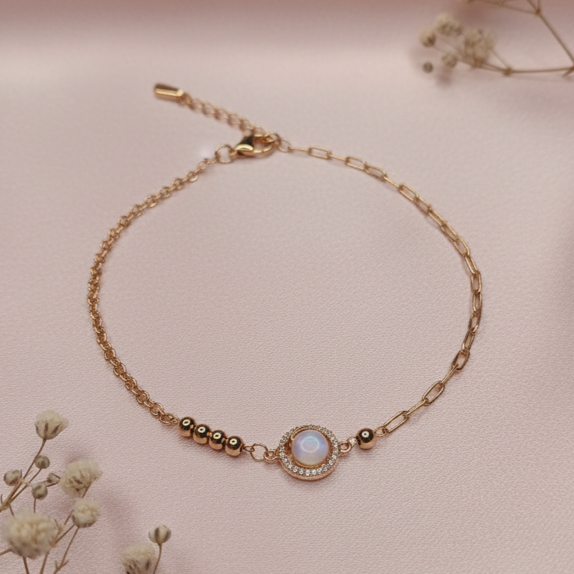 925 Silver Rose Gold Plated Bracelet with Pink Stone & CZ Halo Charm
