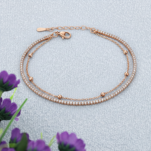 925 Silver Rose Gold Dual Chain Bracelet with Zircon Accents