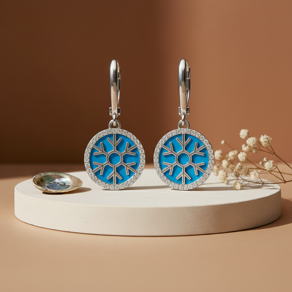 925 Silver Snowflake Drop Earrings with Blue Enamel & CZ Halo