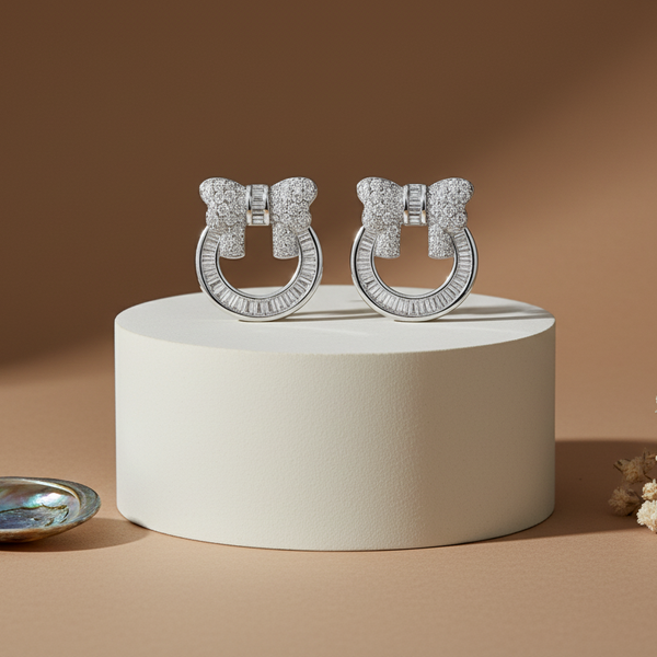 925 Sterling Silver Bow Hoop Stud Earrings with CZ Accents