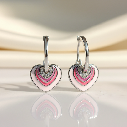 925 Silver Heart Hoop Earrings with Pink Enamel & Cubic Zirconia Accents