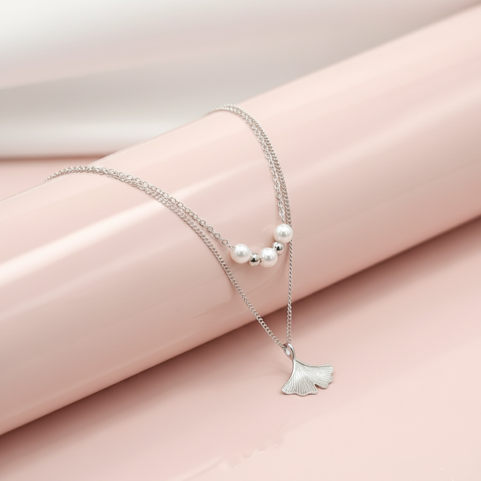 925 Sterling Silver Ginkgo Leaf Pendant Necklace with Dual Chain & Polished Beads
