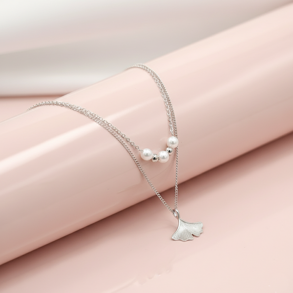 925 Sterling Silver Ginkgo Leaf Pendant Necklace with Dual Chain & Polished Beads