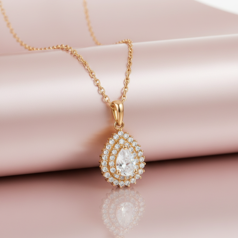 925 Sterling Silver Teardrop Halo Pendant Necklace in Rose Gold Finish