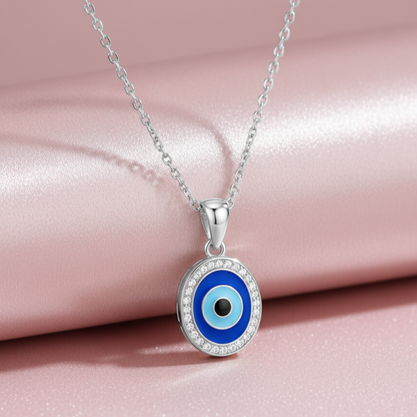925 Silver Evil Eye Necklace with CZ Halo Protection Charm 925 Silver Evil Eye Necklace with CZ Halo Protection Charm