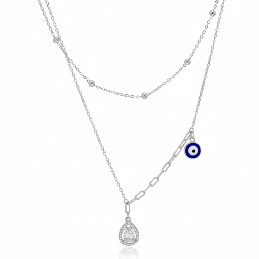 925 Sterling Silver Evil Eye & Teardrop double Layered Necklace with CZ Stones & Silver Beads