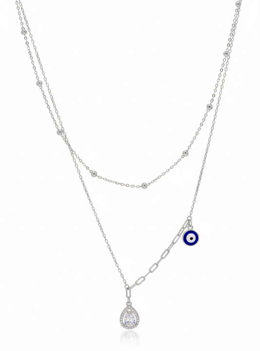 925 Sterling Silver Evil Eye & Teardrop double Layered Necklace with CZ Stones & Silver Beads