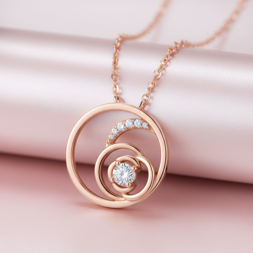 925 Sterling Silver Rose Gold Orbit Pendant Necklace with CZ Center Stone
