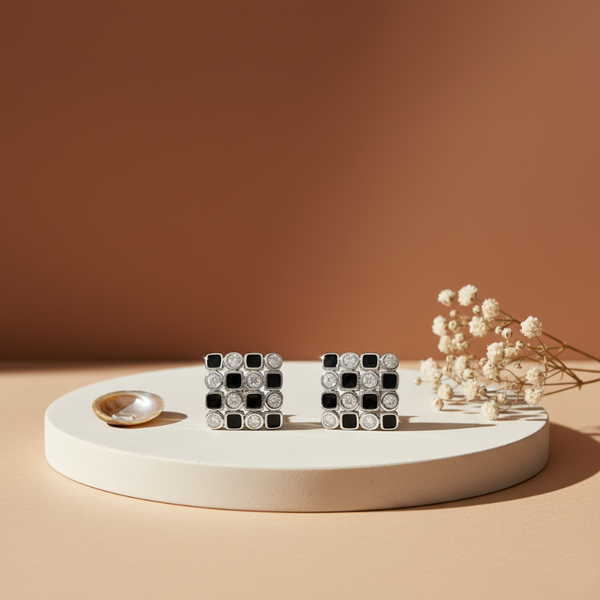 925 Silver Mosaic Stud Earrings with Black Enamel & CZ Accents