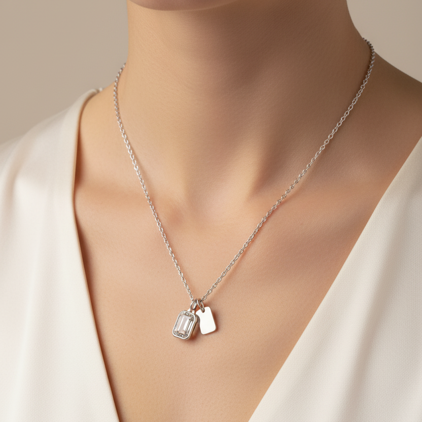925 Sterling Silver Dual Charm Necklace with Emerald-Cut CZ & Minimal Tag