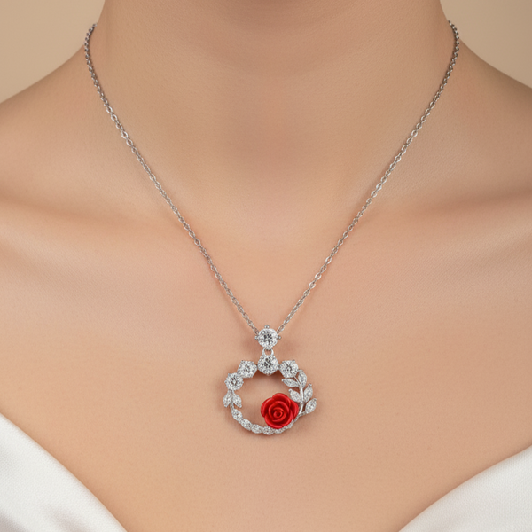 925 Sterling Silver Red Rose Pendant Necklace with CZ Floral Wreath Design
