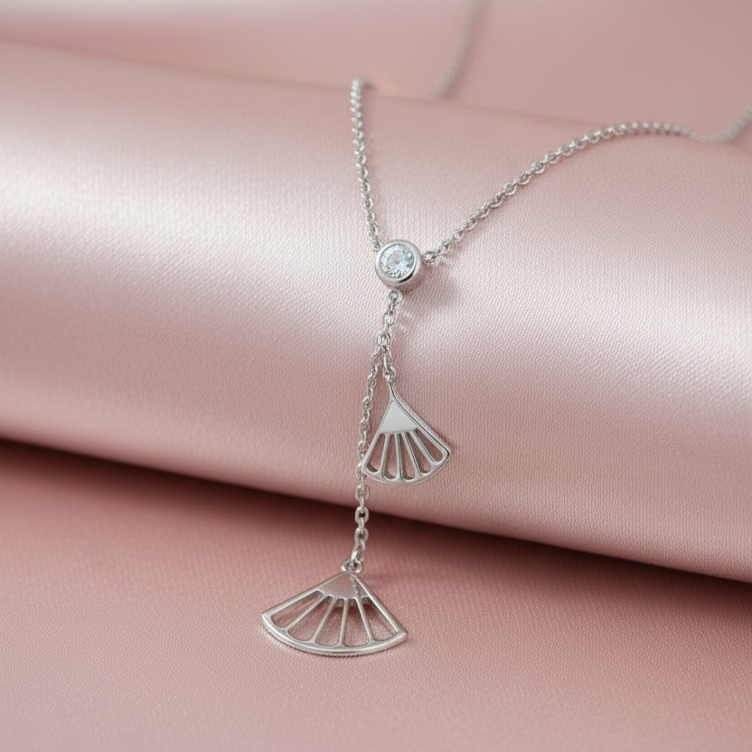 925 Sterling Silver Geometric Fan Pendant Necklace with CZ Drop Chain