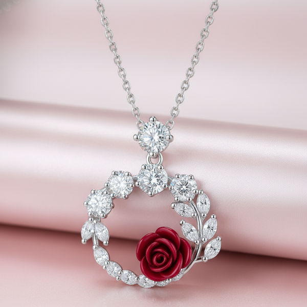 925 Sterling Silver Red Rose Pendant Necklace with CZ Floral Wreath Design