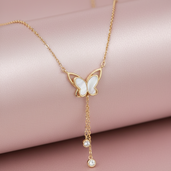 925 Sterling Silver Mother of Pearl Butterfly Necklace with Dual Zircon Drops in rose Gold Finish