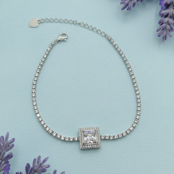 925 Silver Tennis Bracelet with Princess-Cut CZ Center & Adjustable Chain