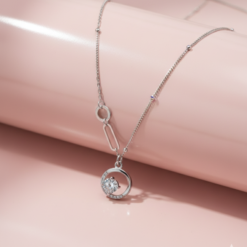 925 Sterling Silver Asymmetric Circle Pendant Necklace with CZ Solitaire