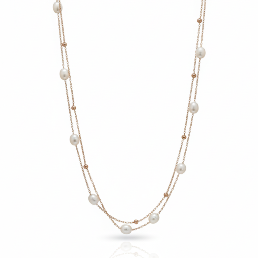 925 Sterling Silver Rose Gold Double Layer Necklace with Freshwater Pearls
