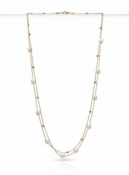 925 Sterling Silver Rose Gold Double Layer Necklace with Freshwater Pearls
