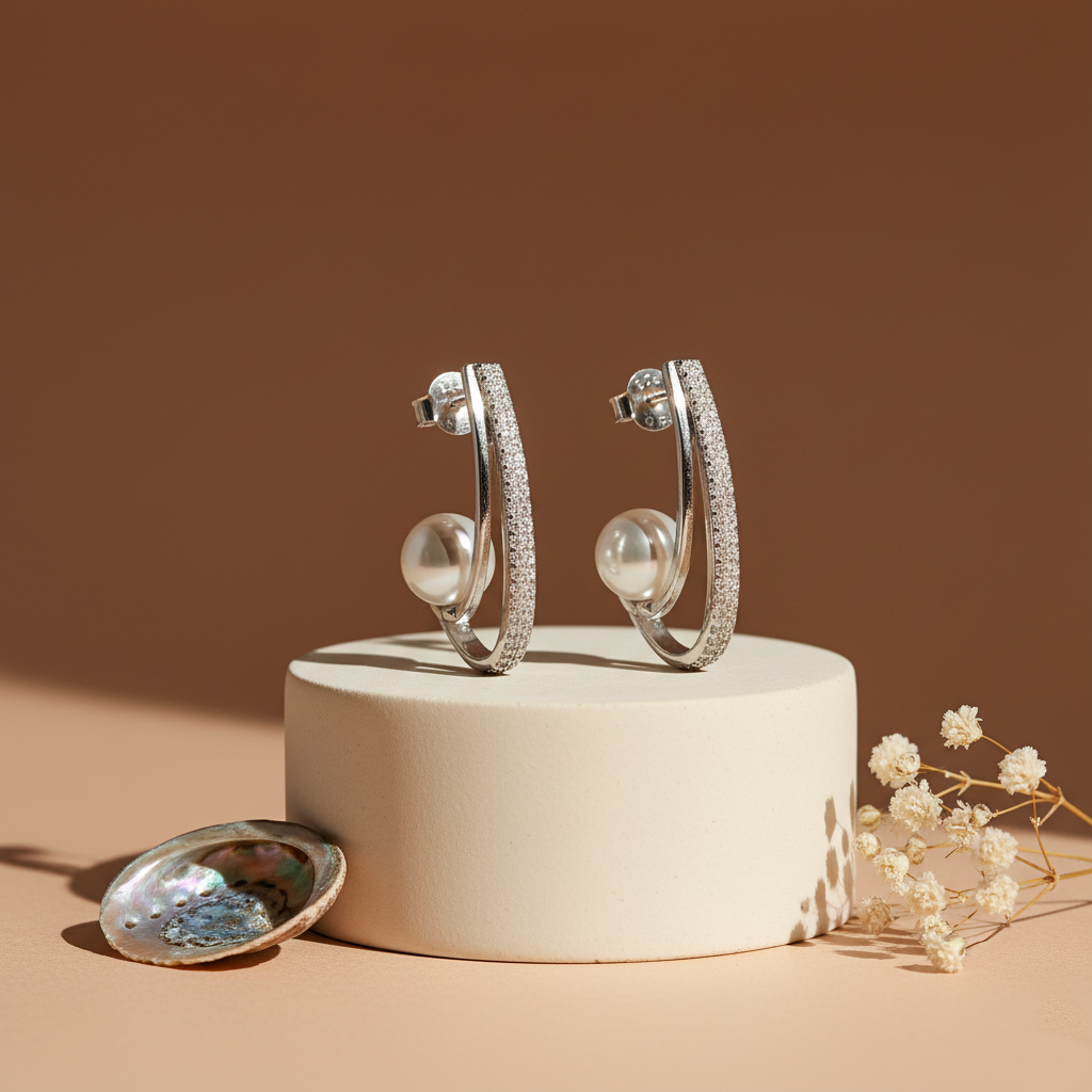 925 Silver Pearl Hoop Earrings with Cubic Zirconia Accents – Elegant Designer Jewelry
