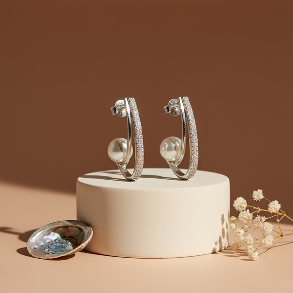 925 Silver Pearl Hoop Earrings with Cubic Zirconia Accents – Elegant Designer Jewelry