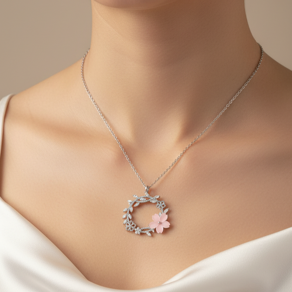925 Sterling Silver Floral Wreath Pendant Necklace with Pink Blossom & CZ Accents