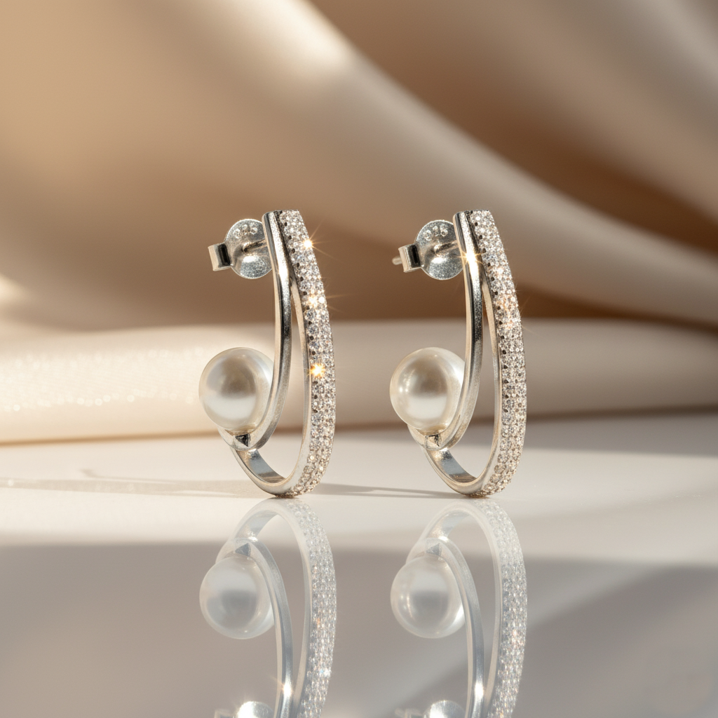 925 Silver Pearl Hoop Earrings with Cubic Zirconia Accents – Elegant Designer Jewelry