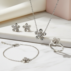925 Silver Floral Jewelry Set – Necklace, Earrings, Bracelet & Ring(6 no.) with Cubic Zirconia