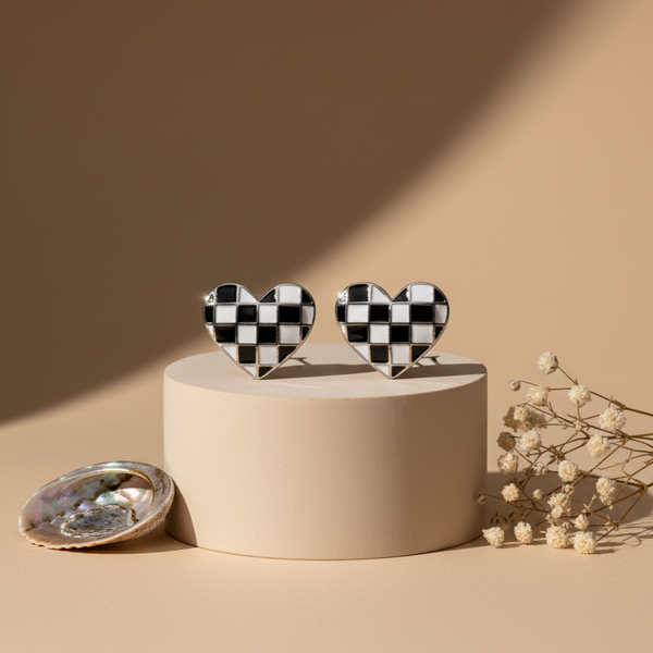 925 Silver Checkerboard Heart Enamel Stud Earrings in Black & White