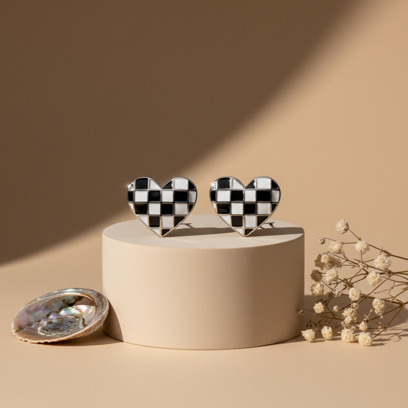 925 Silver Checkerboard Heart Enamel Stud Earrings in Black & White