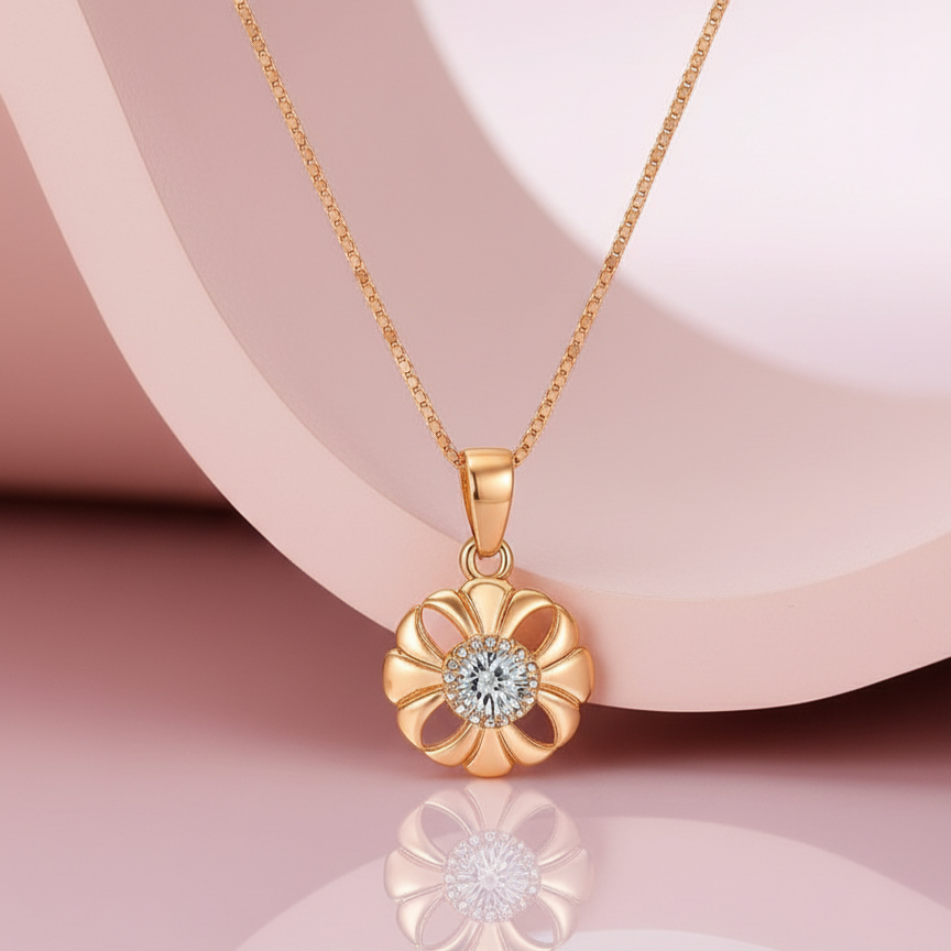 925 Sterling Silver Floral Pendant Necklace in Rose Gold Finish with CZ Center