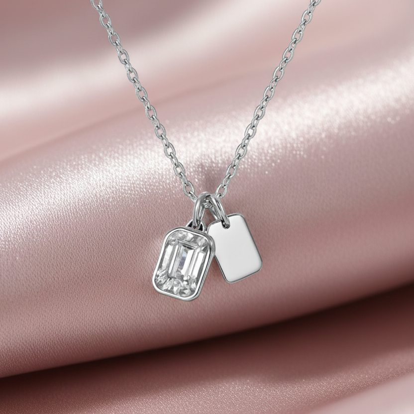 925 Sterling Silver Dual Charm Necklace with Emerald-Cut CZ & Minimal Tag