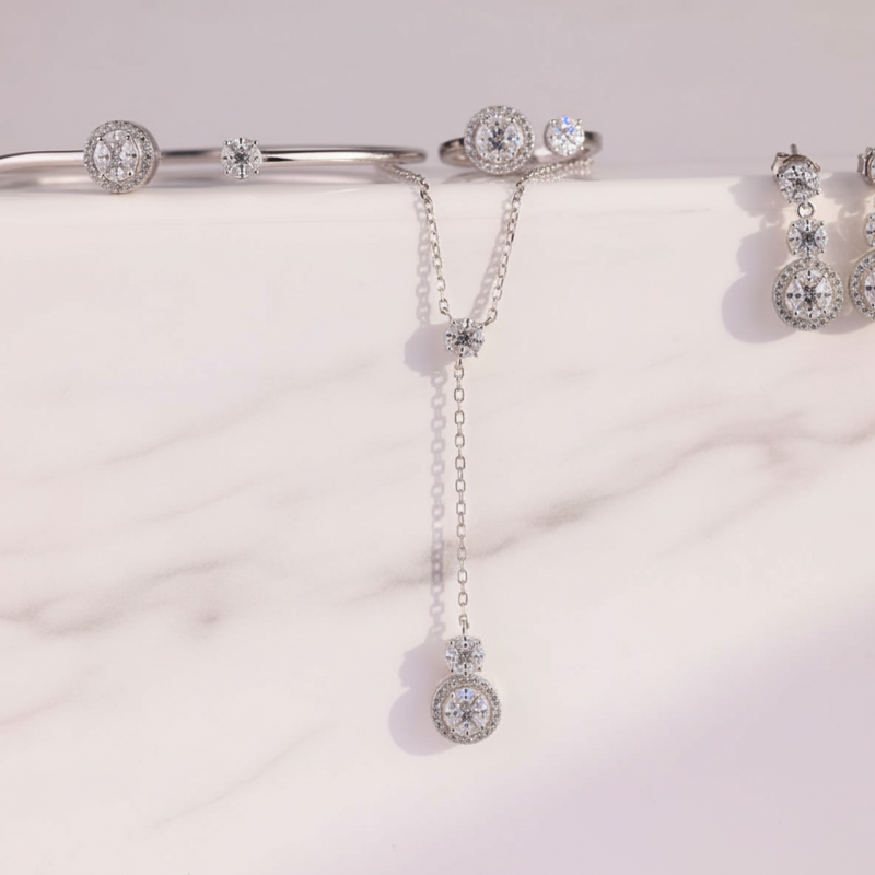 925 Silver CZ Jewelry Set – Kada Bracelet, Pendant Necklace, Earrings & Ring ( 7.no )