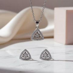 925 Silver Triangular Pendant Necklace & Earrings Set with Cubic Zirconia