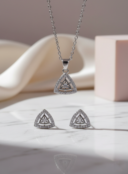 925 Silver Triangular Pendant Necklace & Earrings Set with Cubic Zirconia