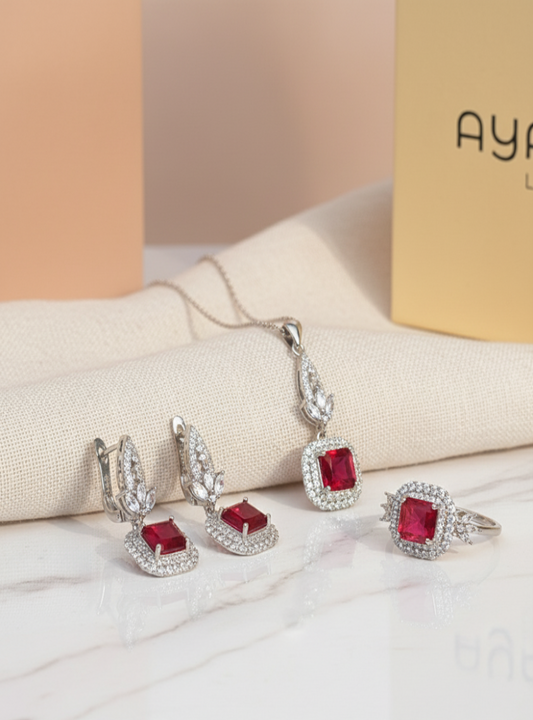 925 Silver Ruby Red Stone Jewelry Set with Pendant Necklace, Earrings & Ring size (  ruby 6 number , sapphire 8 number )