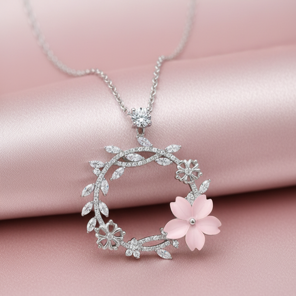 925 Sterling Silver Floral Wreath Pendant Necklace with Pink Blossom & CZ Accents