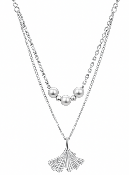925 Sterling Silver Ginkgo Leaf Pendant Necklace with Dual Chain & Polished Beads