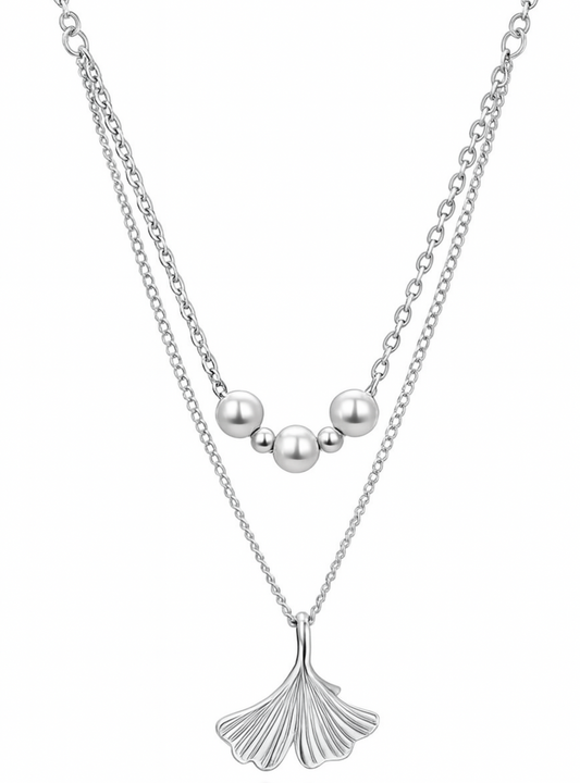 925 Sterling Silver Ginkgo Leaf Pendant Necklace with Dual Chain & Polished Beads