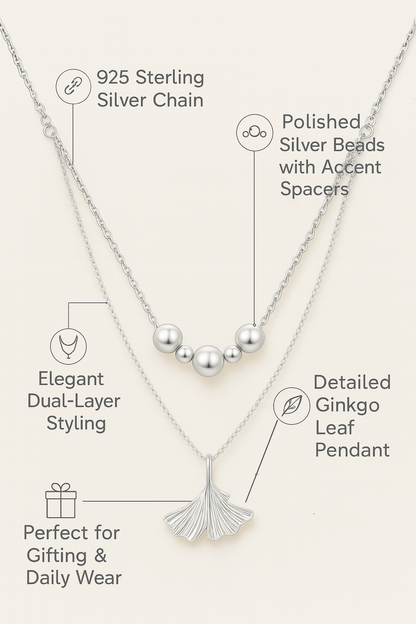 925 Sterling Silver Ginkgo Leaf Pendant Necklace with Dual Chain & Polished Beads